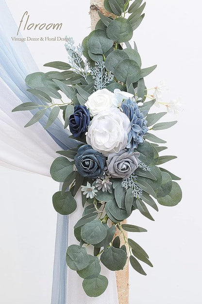 Floroom Arch Flowers with Drapes Kit (Pack of 4) - 2pcs Artificial Dusty Blue & Navy Blue Floral Swag Arrangement with 2pcs Draping Fabric for Wedding Ceremony Arbor and Reception Backdrop Decoration
