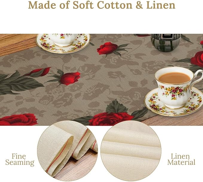 Red Rose Print Table Runner, Romantic Vintage Rose Spring Summer Dinner Runner Table Decoration for Home Kitchen Dining Holiday Wedding Party 13x70in