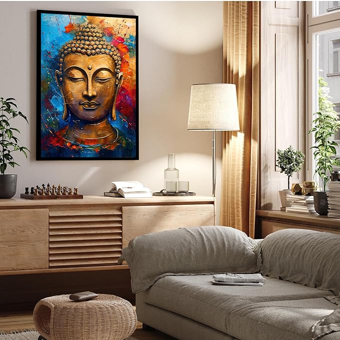 Golden Serenity Buddha Vintage Painting Wall Art Spirituality and Modern Art Wall Decor Adds Brilliance to Vibrant Home Decor 8x12in Metal blackFramed