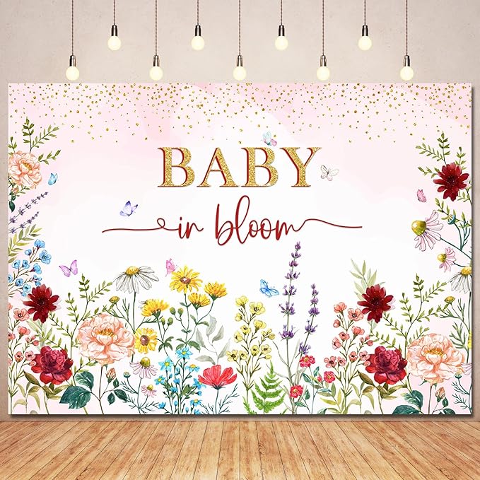 Baby in Bloom Backdrop Wildflower Baby Shower Decorations for Girl,Pink Watercolor Floral Baby in Bloom Baby Shower Party Banner Wild Flower Theme Babyshower Background Photo Booth Props 5x3ft