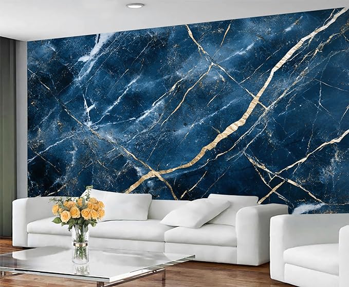Blue Marble Wall Mural, Gold Vein Marble 3D Wall Murals, Luxury Navy Stone Wallpaper Mural, for Living Room Bedroom Large Wallpaper Indoor Decor 137.8" W x100 H