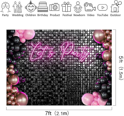 Riyidecor Let's Party Backdrop Modern Disco 80s Black Neon Pink Plaid Checkered Balloons Fashion Shinning Groovy 7Wx5H Feet Girls Photography Background Birthday Photo Studio Shoot Polyester Fabric
