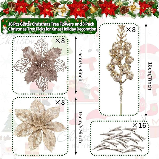 24Pcs Champagne Glitter Poinsettia Christmas Tree Ornaments and Glitter Berries Stems, 16Pcs Christmas Artificial Flowers and 8 Pack Christmas Tree Picks for Wedding Holiday Decorations