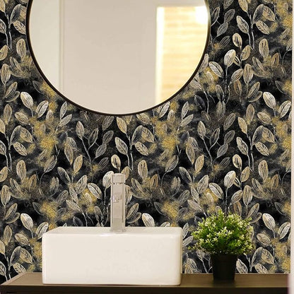 Modern Black and Gold Floral Leaf Peel and Stick Wallpaper Removable Dark Art Deco Self Adhesive Vinyl Contact Wall Paper for Bathroom Renter Friendly Wallpaper 17.7" X 124"