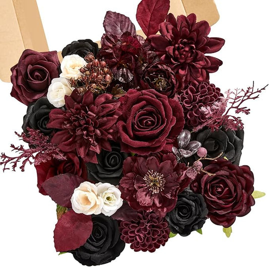 Serwalin Artificial Burgundy Black Flowers, Red Roses Silk Flowers for DIY Wedding Bridal Bouquets, Fake Halloween Black Flowers for Table Centerpieces Baby Shower Birthday Party Home Decorations