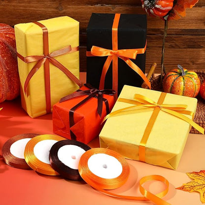 DECYOOL Fall Ribbons, 4 Rolls 100 Yards Fall Satin Ribbons 10mm Wide Autumn Thanksgiving Ribbon for Gift Wrapping and DIY Crafts (Orange, Yellow, Brown)