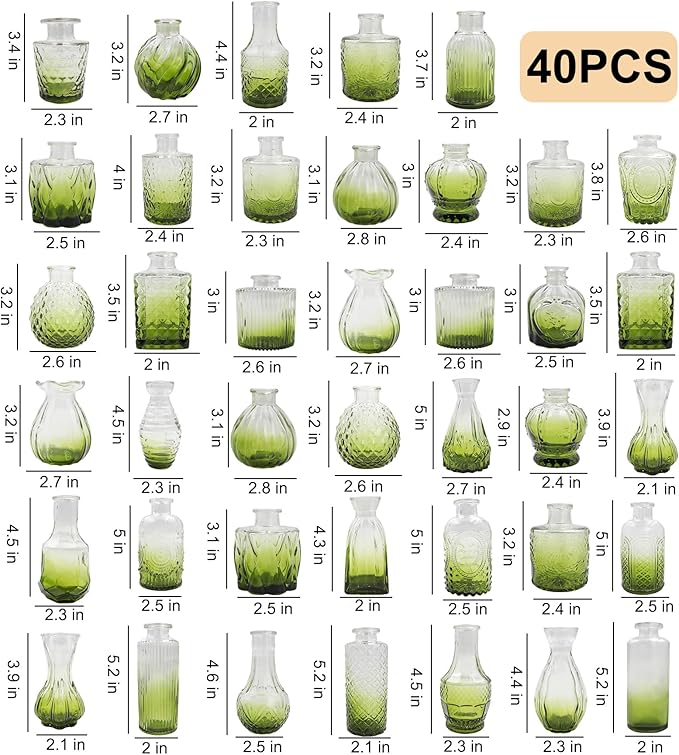Glass Bud Vases Set of 40 PCS, Small Flower Vases for Wedding Centerpiece Table Decoration, Vintage Vase in Bulk for Flower Arrangements, Mini Vase for Birthday Party, Festival Home Decor,Green