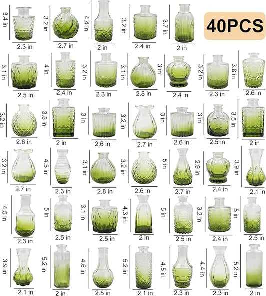 Glass Bud Vases Set of 40 PCS, Small Flower Vases for Wedding Centerpiece Table Decoration, Vintage Vase in Bulk for Flower Arrangements, Mini Vase for Birthday Party, Festival Home Decor,Green