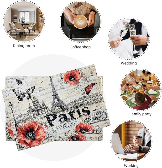 Paris Placemats Set of 6, French Eiffel Tower Place Mats, Poppies Dining Table Mats, Retro Washable Placemats for Kitchen Dining Room Home Decor 18L'' × 12W''