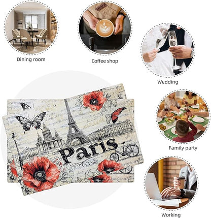 Paris Placemats Set of 6, French Eiffel Tower Place Mats, Poppies Dining Table Mats, Retro Washable Placemats for Kitchen Dining Room Home Decor 18L'' × 12W''