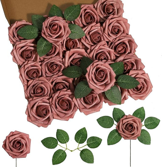 DuHouse 25Pcs Artificial Roses Flowers Fake Rose with Stems Real Touch Foam Flowers for DIY Wedding Bouquet Baby Shower Centerpiece Floral Arrangement Party Home Decor(Dusty Rose)