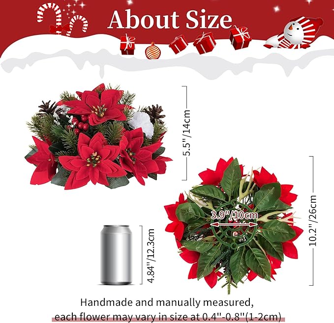 BLOSMON Poinsettias Artificial Christmas Flowers: 2 Pcs Red Fake Floral Ball Centerpieces for Tables Decorations Silk Faux Poinsettia Winter Holiday Flower Arrangement Xmas Plant Ornaments Decor