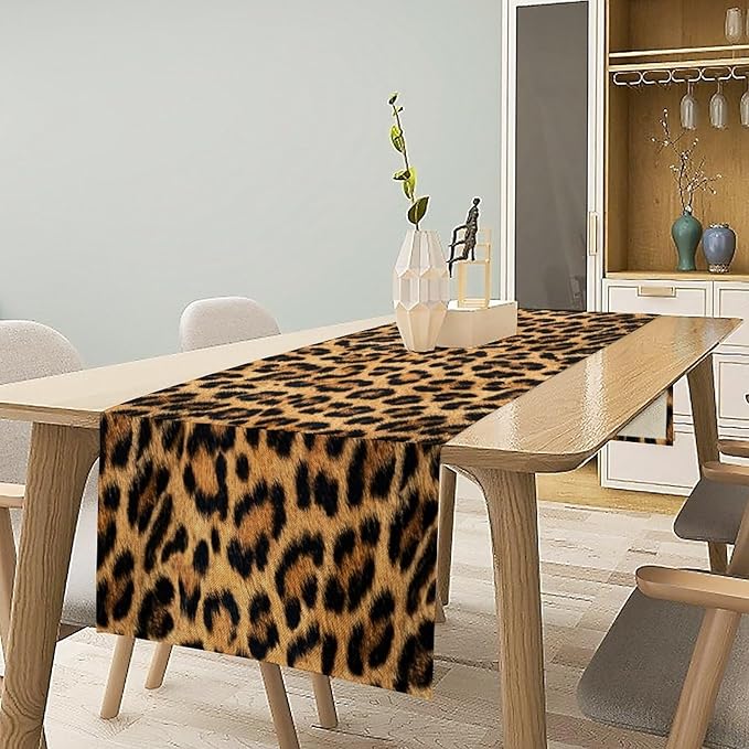 Leopard Skin Print Table Runner, Vintage Cottage Country Farmhouse Wildlife Brown Safari Animal Skin Dinner Runner for Home Kitchen Dining Table Party Holiday Decor 13x108in