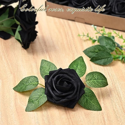 BLEUM CADE 16Pcs Artificial Flowers Fake Roses with Stems, Black Boxed Foam Roses for DIY Bouquets Centerpieces Wedding Party Arrangement Bridal Shower Decor
