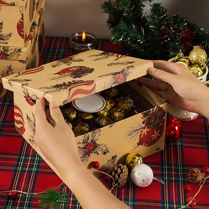 Soul & Lane Christmas Kraft Square Decorative Boxes with Lids - Set of 4 - Retro Cozy Christmas, Reusable Large Nesting Holiday Gift Boxes for Presents and Décor