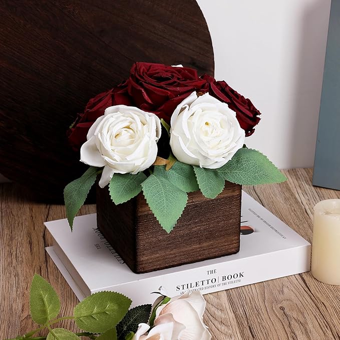 Dining Table Centerpiece Set of 6 - Pre-Made Aritifial Rose with Wooden Vase Fake Floral Arrangment Faux Flower for Wedding Bridal Tea Party Event Decorations - Burgundy & White
