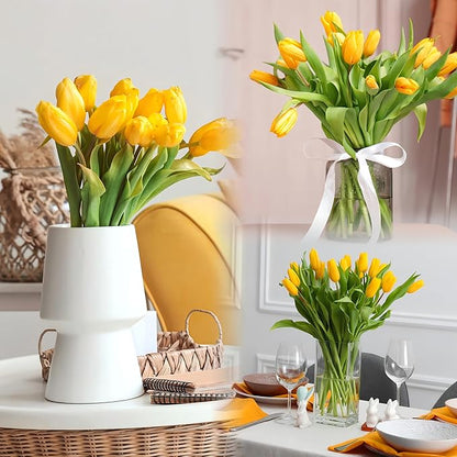 Sggvecsy 30 Pcs Fake Tulips Artificial Flowers Real Touch PU Faux Flowers Tulip Stems for Wedding Spring Bouquet Floral Arrangement Home Party Office Decorations for Mother's Day (Dark Yellow)