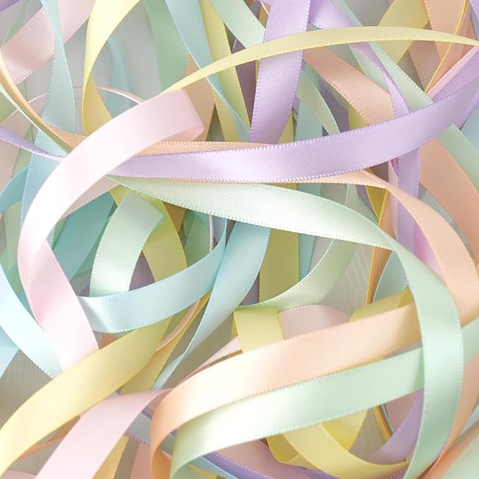 Pastel Ribbon for Crafts Pastel Rainbow Ribbon 3/8" Double Face Satin 6 Rolls Assortment Thin for Gift Wrapping,Wedding Party Decorations - 60Yards
