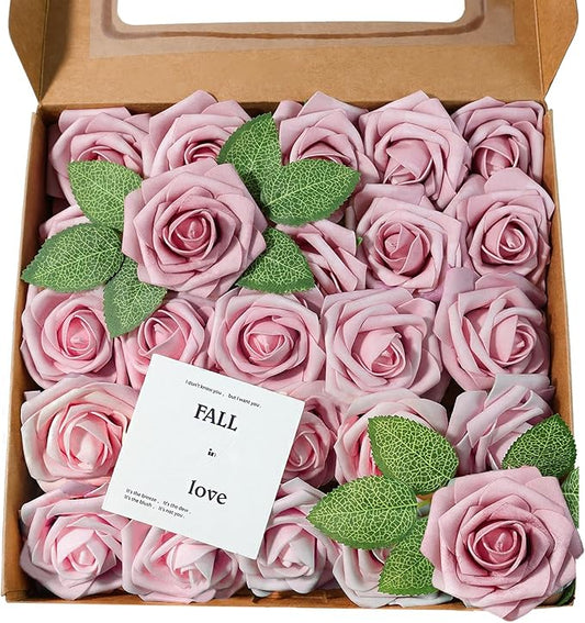 Meldel Artificial Flower 25pcs Real Touch Blush Pink Rose Fake Foam Roses with Stems for DIY Wedding Bouquets Gifts Bridal Shower Faux Floral Centerpieces Arrangements Home Party Tables Decorations