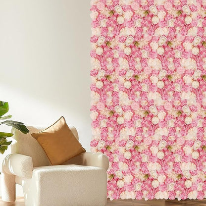 3D Flower Wall Backdrop - 12Pcs Artificial Flower Wall Panel 15 * 15inch Decoration Pink and White Roses Wall for Home Party Wedding Anniversary Birthday