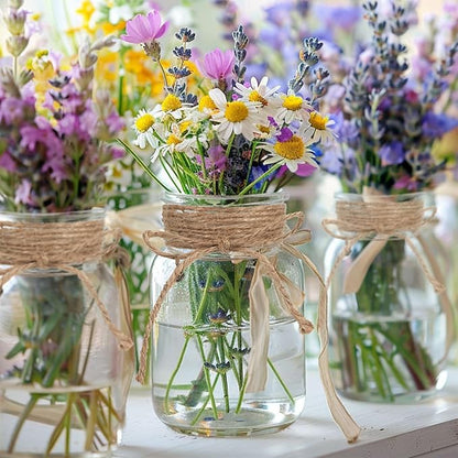 Vintage Glass Flower Vase，3 Pack Farmhouse Transparent White Glass Centerpiece Vases Mason Jars for Weddings, Parties & Home Decor Bulk (3, Transparent)