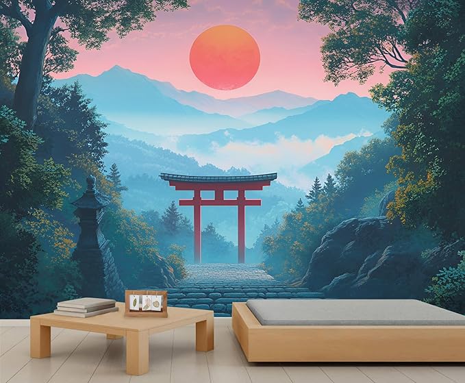 KIREUPA Japanese Torii Gate Wall Mural, Sunrise Mountain Landscape 3d Wall Murals, Zen Nature Art Wallpaper Mural, for Living Room Bedroom Large Wallpaper Indoor Decor 59" W x39.4 H