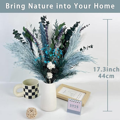 Natural Dried Flower Bouquet, 17” Blue Pampas and Eucalyptus Arrangement with Lavender and Turquoise Accents, Rustic Boho Floral Decor for Living Room, Bedroom, or Gift