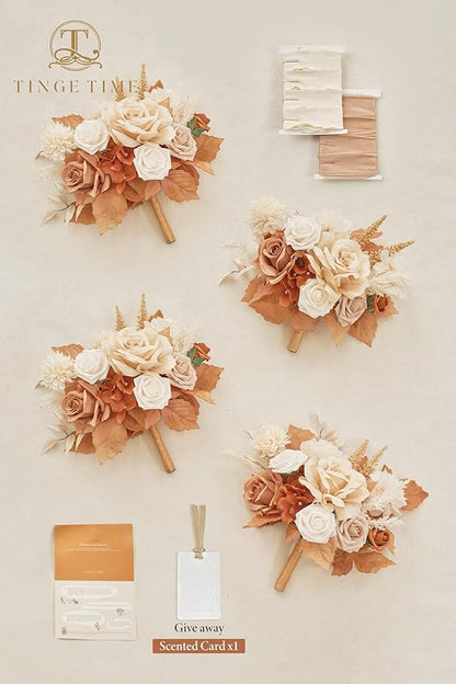 TINGE TIME 7inch Wedding Bouquets for Bridesmaid, Artificial Flowers Cascading Bridal Bouquet for Wedding (Burnt Orange & Champagne, Set of 4)
