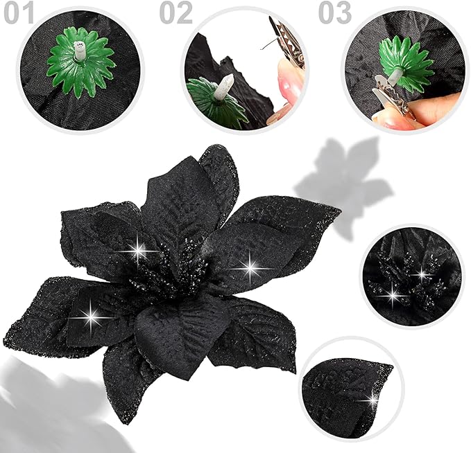 WILLBOND 24 Pcs 3 Size Poinsettia Flower Artificial Christmas Decor Glitter Poinsettia Christmas Ornaments Faux Flowers for Xmas Tree Outdoor(3.2/4/6 Inches,Black)