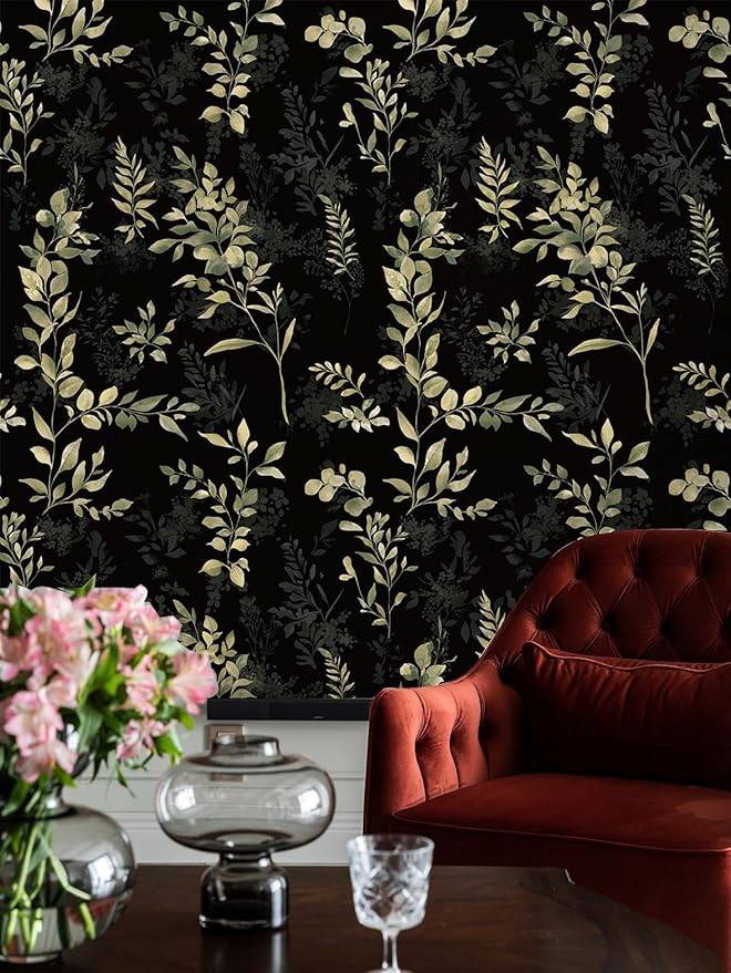 Peel and Stick Wallpaper Boho Leaf Removable Wallpaper Black Textured Renter Friendly for Bathroom Botanical Floral Self Adhesive Contact Paper for Cabinet Countertop 17.5 x 118 in