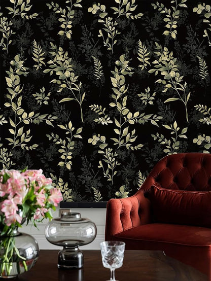 Peel and Stick Wallpaper Boho Leaf Removable Wallpaper Black Textured Renter Friendly for Bathroom Botanical Floral Self Adhesive Contact Paper for Cabinet Countertop 17.5 x 118 in