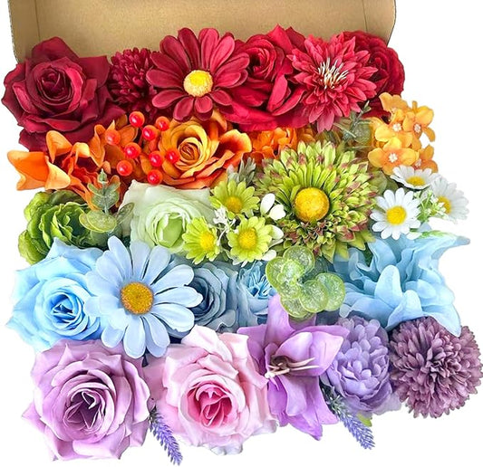 Colorful Artificial Flowers Combo Box Set Rainbow Silk Roses with Stems Sunflower DIY Bridal Wedding Bouquets Cake Fake Floral Arrangements Baby Shower Party Table Centerpieces Home Decor Bulks