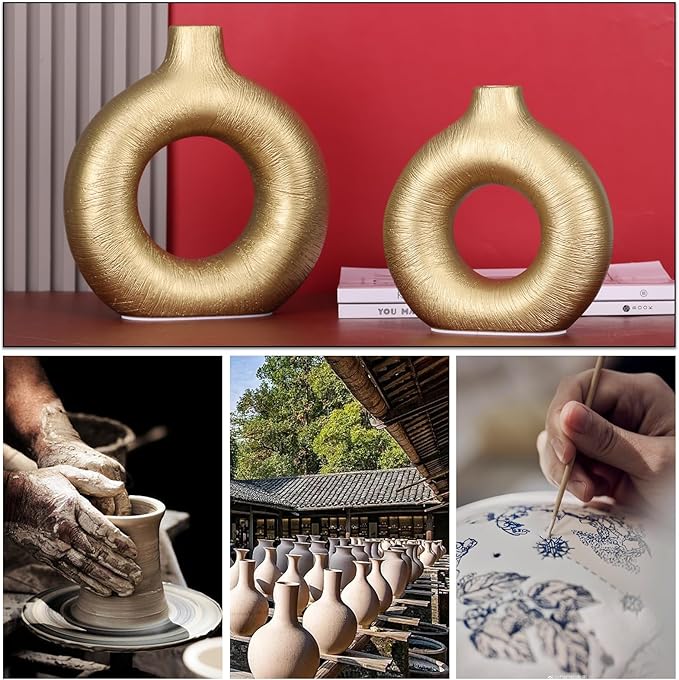 Gold Vase Decor Donut Vase Set of 2 - Circle Hollow Vases, Modern Matte Ceramic Vases for Entryway Living Room Bedroom Dining Table Centerpiece Office Home Decor
