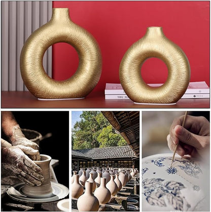 Gold Vase Decor Donut Vase Set of 2 - Circle Hollow Vases, Modern Matte Ceramic Vases for Entryway Living Room Bedroom Dining Table Centerpiece Office Home Decor