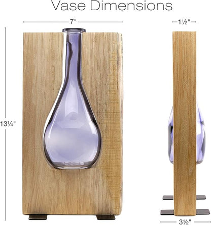 EXCELLO GLOBAL PRODUCTS Round Purple Glass and Wood Vase - Rustic Flower Vase Decorative Centerpieces for Dining Room Table Coffee Tables Vintage Farmhouse Decor (Tall - 13" x 7")