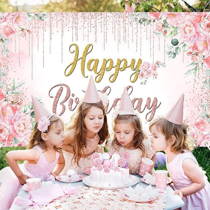 Avezano Happy Birthday Backdrop Banner for Girls Women Happy Birthday Banner Floral Glitters Happy Bday Background Party Supplies 70.8 x 43.3 Inch