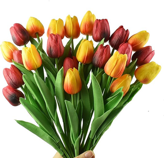 24pcs Artificial Tulips Flowers Fake Faux PU Tulip Bouquet Real Touch Flower Arrangement for Home Room Office Party Wedding Decoration Excellent Gift Idea for Mothers Day (Red and Orange)