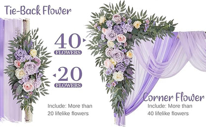 Wedding Arch Flowers with Drapes Kit (Pack of 4) - 2pcs Artificial Lilac Deluxe Swag with 2pcs Sheer Drapes for Wedding Ceremony Arbor Reception Backdrop Rose Floral Decoration