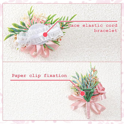 2 Pcs Pink Rose Wrist Corsage and Boutonniere Set, Rose Corsage Hand for Women, Boutonniere for Men Wedding Artificial Flowers Accessories Prom Decor, Wedding Party Accessories (Pink)
