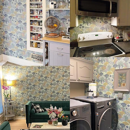 Wudnaye Green Floral Peel and Stick Wallpaper Vintage Contact Paper for Cabinets 17.7inch×118.1inch Neutral Peacock Removable Wallpaper Self Adhesive Boho Wall Paper for Bedroom Cabinet Decor Vinyl