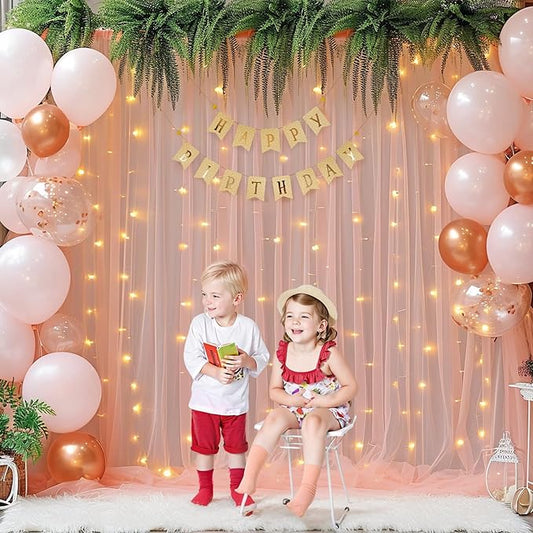 20ft x 10ft Peach Backdrop Curtain with Lights String for Parties, Sheer Tulle Wedding Photo Backdrops Drapes for Baby Shower Birthday Party Decorations Background for Photography
