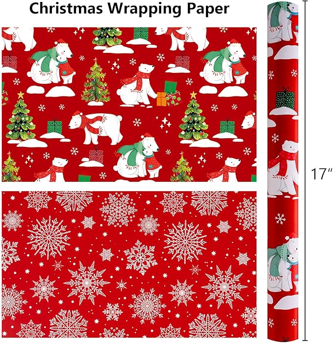 MAYPLUSS Christmas Wrapping Paper Roll - 17IN X 33FT - Red Gift Wrap Paper Featuring Christmas Tree Polar Bear Scarf Hat Reversible Snowflake for Kids, Holiday, New Year