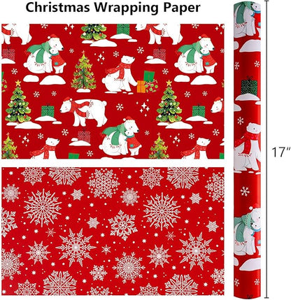 MAYPLUSS Christmas Wrapping Paper Roll - 17IN X 33FT - Red Gift Wrap Paper Featuring Christmas Tree Polar Bear Scarf Hat Reversible Snowflake for Kids, Holiday, New Year
