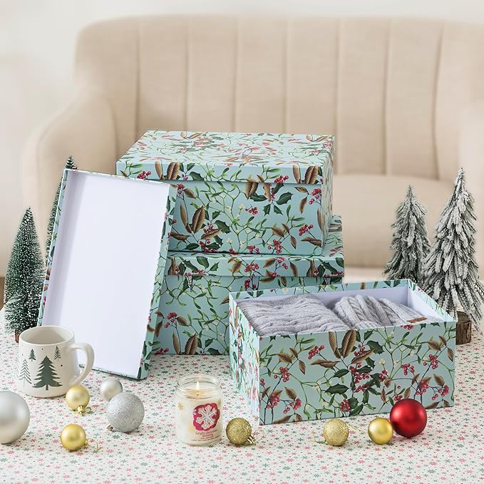 Soul & Lane Winter Berries Cardboard Boxes - Set of 3: Decorative Storage Boxes with Lids, Paper Mache Cardboard Nesting Containers, Christmas Winter Photo Cartons, Stacking Gift Wrap Storage