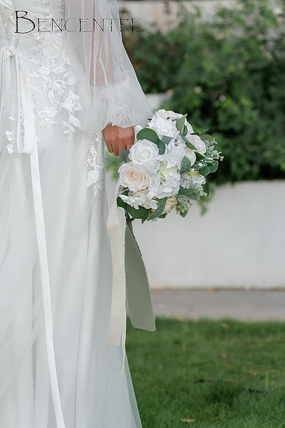 10 Inch White Bridal Bouquet,Wedding Bouquet,Bride Bouquets for Wedding Ceremony Anniversary, Party and French Rustic Vintage Wedding,Artificial Flowers