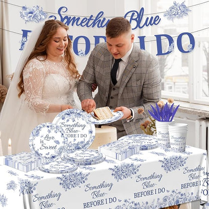 142PCS Something Blue Before I Do Bridal Shower Decorations Bridal Shower Party Favors for 20 Guests Blue Floral Plates and Napkins Tableware Set for Wedding Engagement