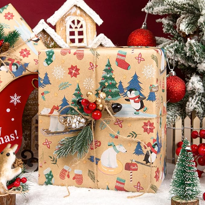MAYPLUSS Christmas Wrapping Paper Roll - 17IN X 33FT - Kraft Gift Wrapping Paper Featuring Cute Polar Bear Penguin Christmas Tree Holly Reversible Cut Lines for Kids, Holiday, New Year