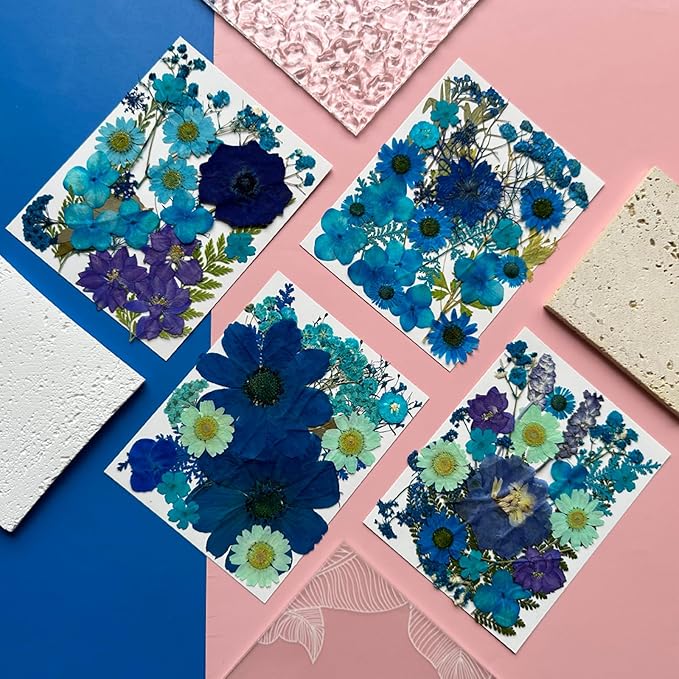 94Pcs Blue Dried Pressed Flowers for Resin Molds, Assorted Real Natural Bulk Dry Floral Leaves for DIY Art Crafts, Epoxy Jewelry, Candle, Soap Making, Nails Decors Gifts