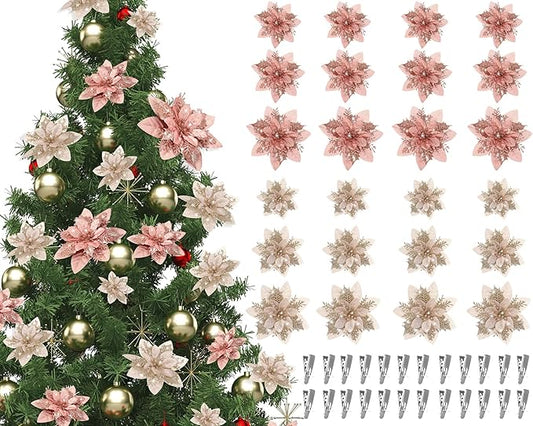 Geosar 24 Christmas Glitter Artificial Poinsettia Flowers Xmas Poinsettia Wedding Flowers Decorations Xmas Tree Ornaments with Clips for Party Favors, 6 Inch, 4 Inch, 3 Inch(Gold and Rose Gold)