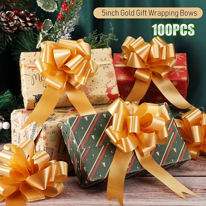 Yilloog 100 Pcs 5 Inch Christmas Pull Bows for Gift Wrapping, Gift Wrapping Pull Bows with Ribbon for Christmas Presents Wedding Decor Basket Bag Holiday Decor(Gold)